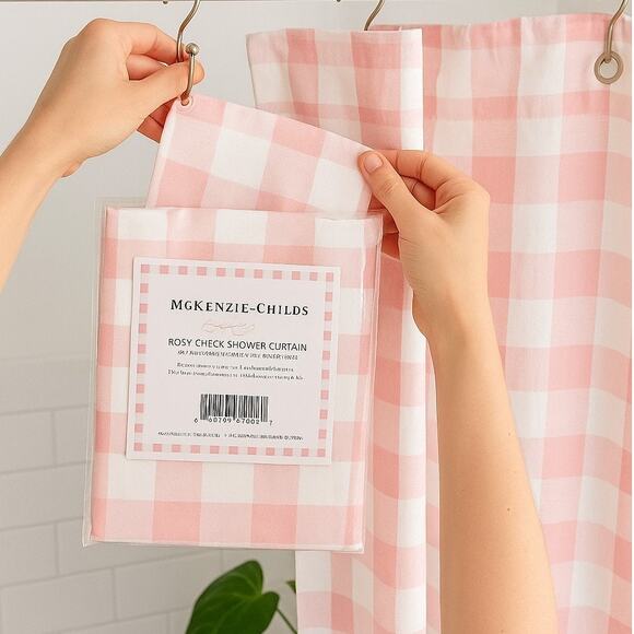Mackenzie-Childs Rosy Check Shower Curtain New In Pkg Wi. Tags 72 x 72"  E-1 - Picture 1 of 8